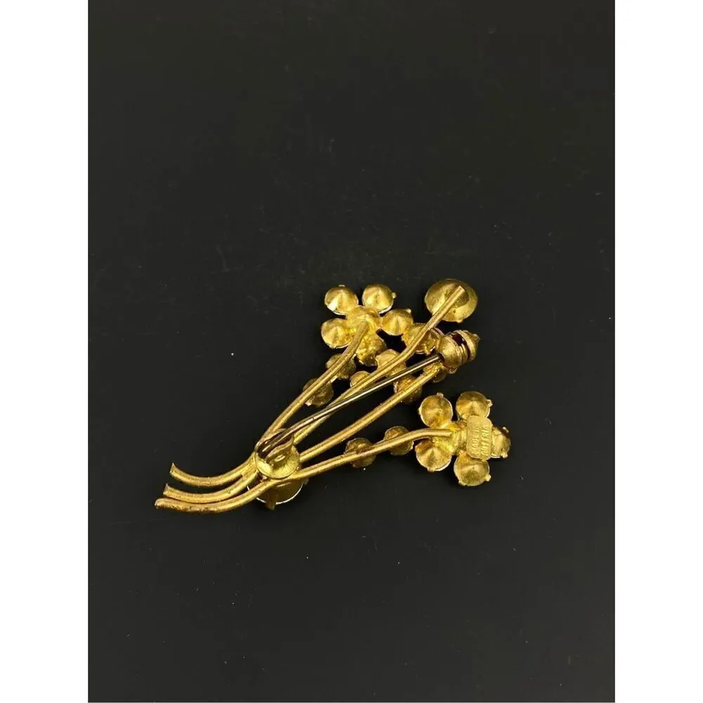 Vintage Gold Tone Blue Aurora Borealis Rhinestone Spray Flower Bouquet Brooch DT